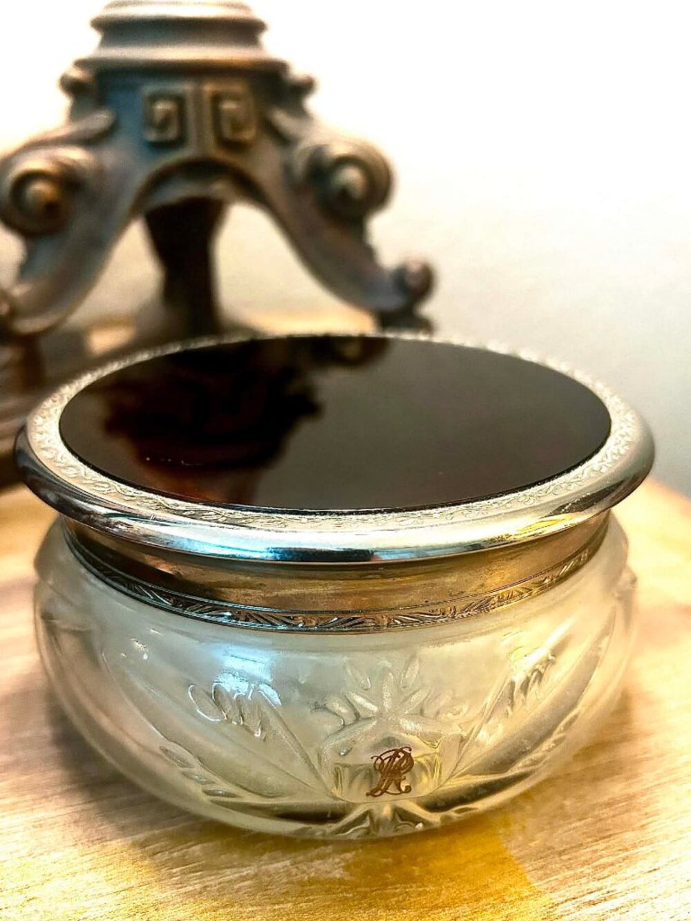 RALPH LAUREN Vint 1989 Collectible RL Cut Glass Powder Jar Tortoise Silver Lid